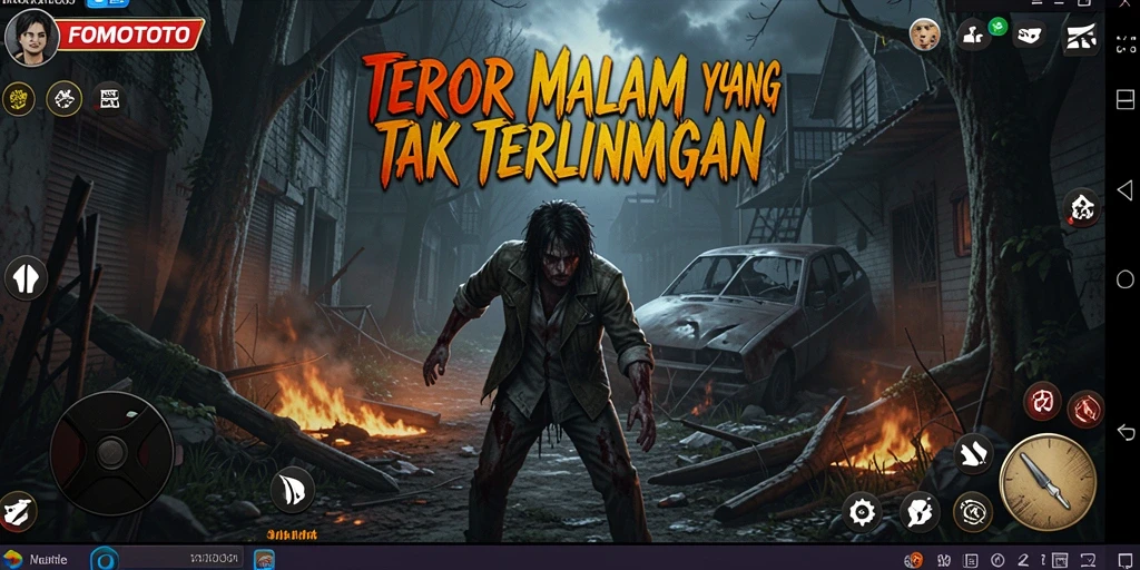 Screenshot gameplay FOMOTOTO menampilkan suasana menegangkan di tempat yang angker.