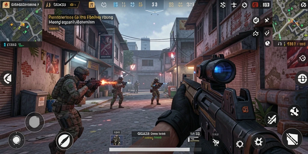 Screenshot gameplay GIGA33 menampilkan aksi pertempuran intensity tinggi di medan perang.