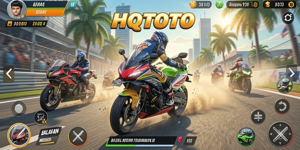 Gameplay seru HQTOTO dengan balapan motor yang mendebarkan.