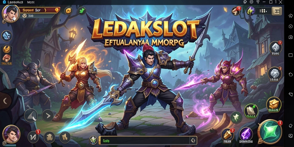 Screenshot gameplay utama LEDAKSLOT menampilkan pertempuran epik dalam MMORPG.