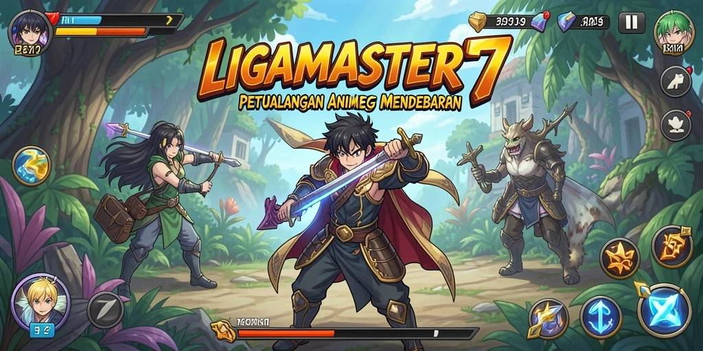 Screenshot gameplay LIGAMASTER77 menampilkan pertempuran seru dengan karakter Anime.