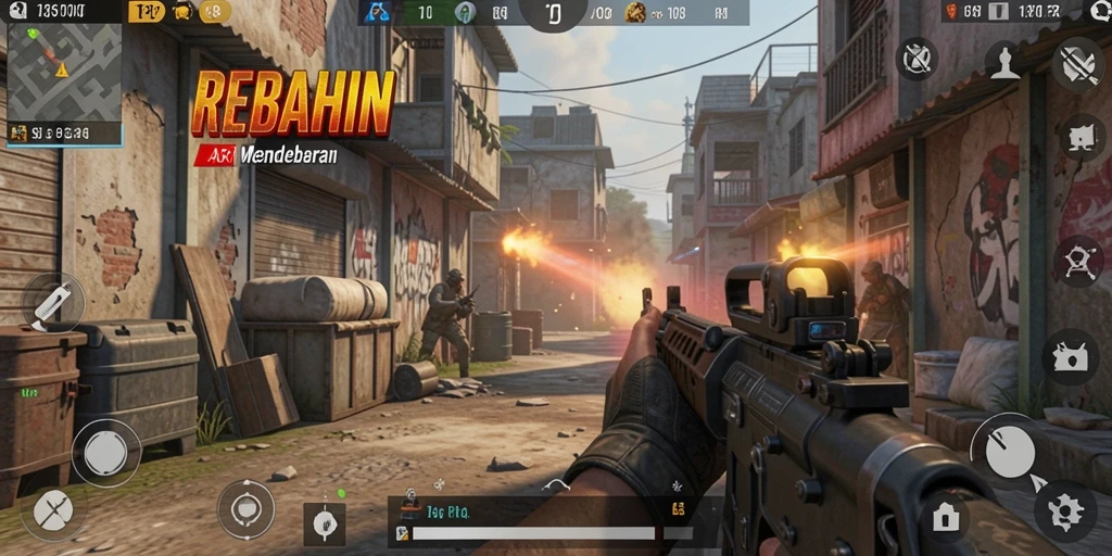 Tampilan gameplay seru REBAHIN dengan aksi FPS mendebarkan.