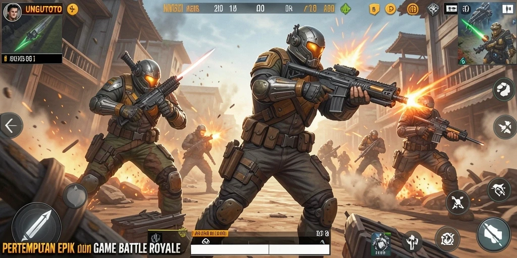 Screenshot UNGUTOTO menampilkan aksi pertempuran intens dalam game Battle Royale.
