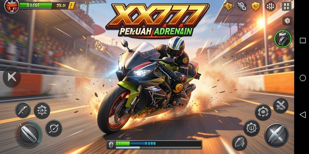 Tangkapan layar XXX777 menampilkan aksi balapan motor yang mendebarkan.